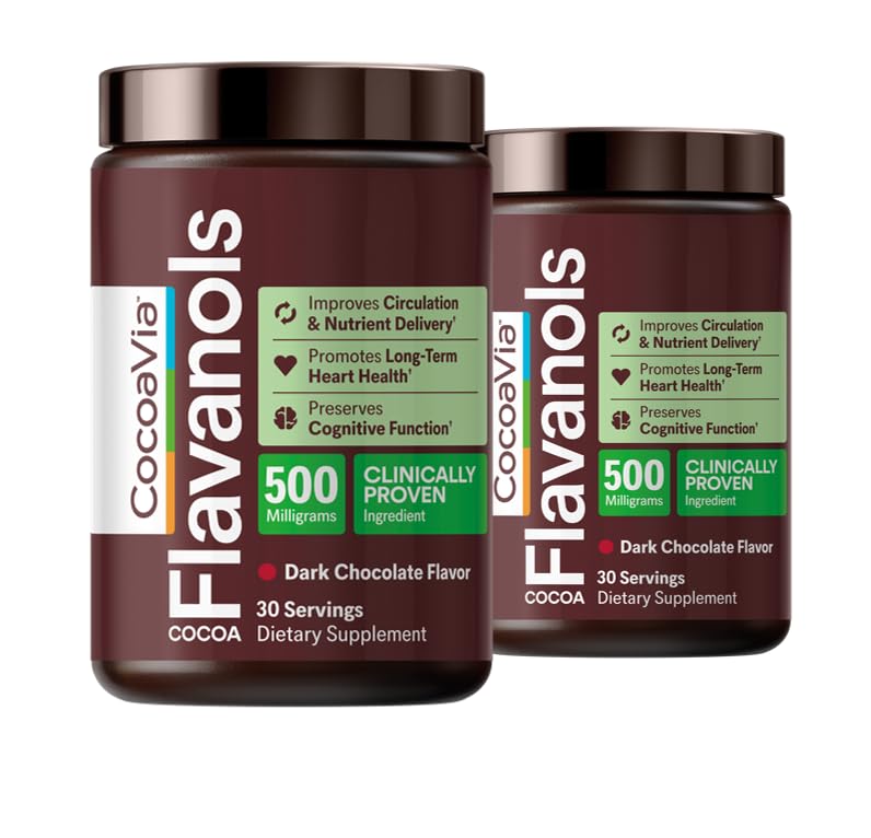 CocoaVia Cocoa Flavanols 500mg bottle pour for easy serving and circulation support.