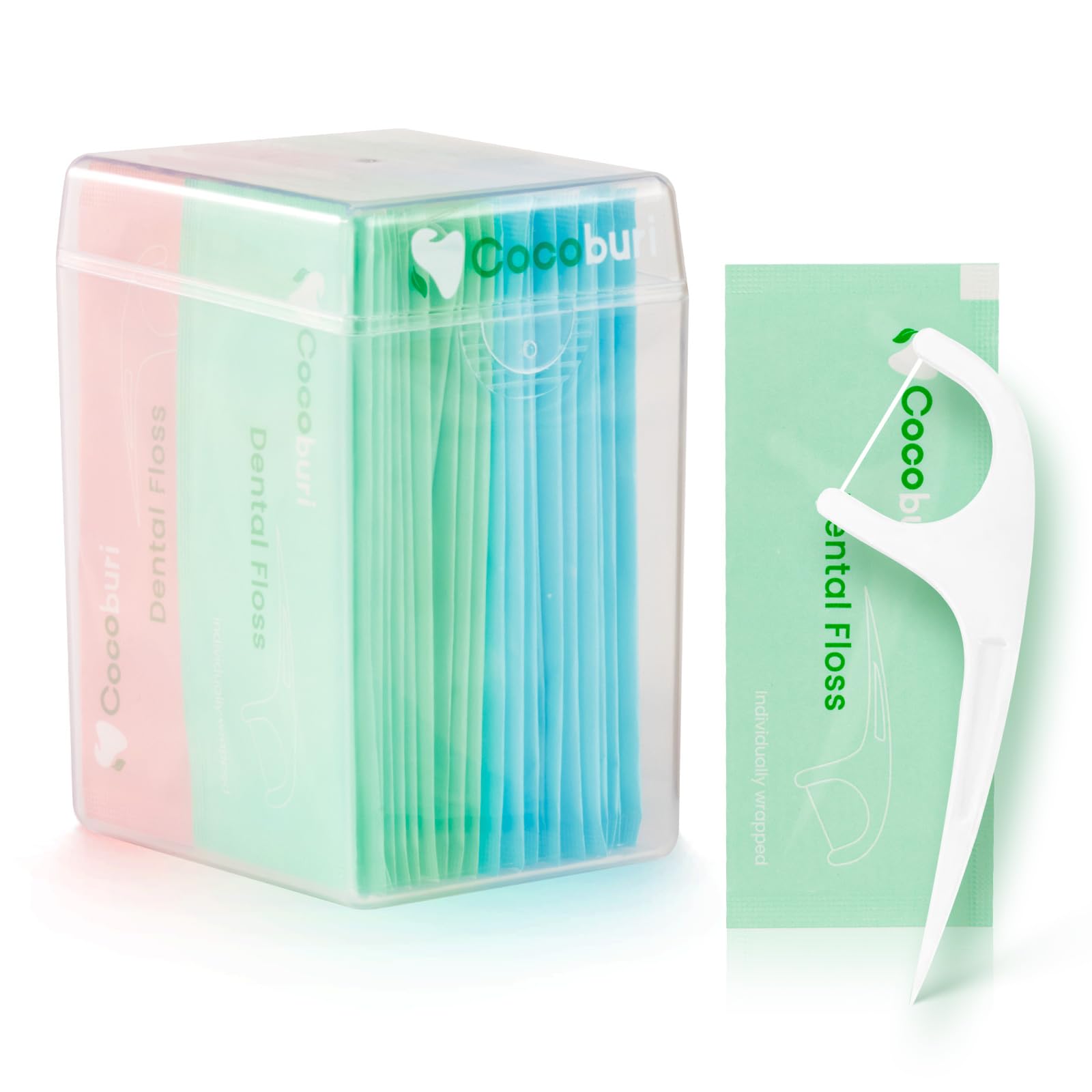 COCOBURI dental floss picks 50-count in individual wrappers for portable oral care.