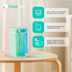 COCOBURI reinforced polymer floss delivers soft, smooth action against gums.