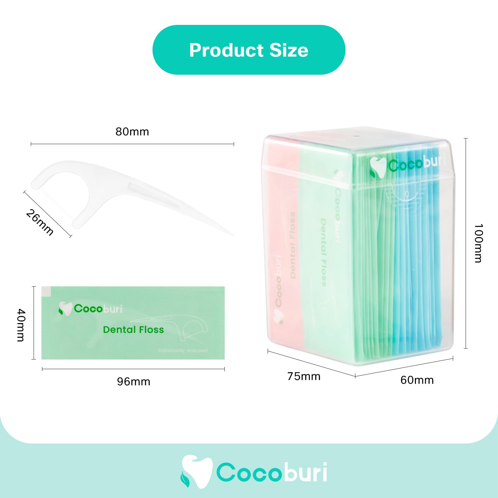 COCOBURI 50-count floss picks shown in a compact travel-friendly package.
