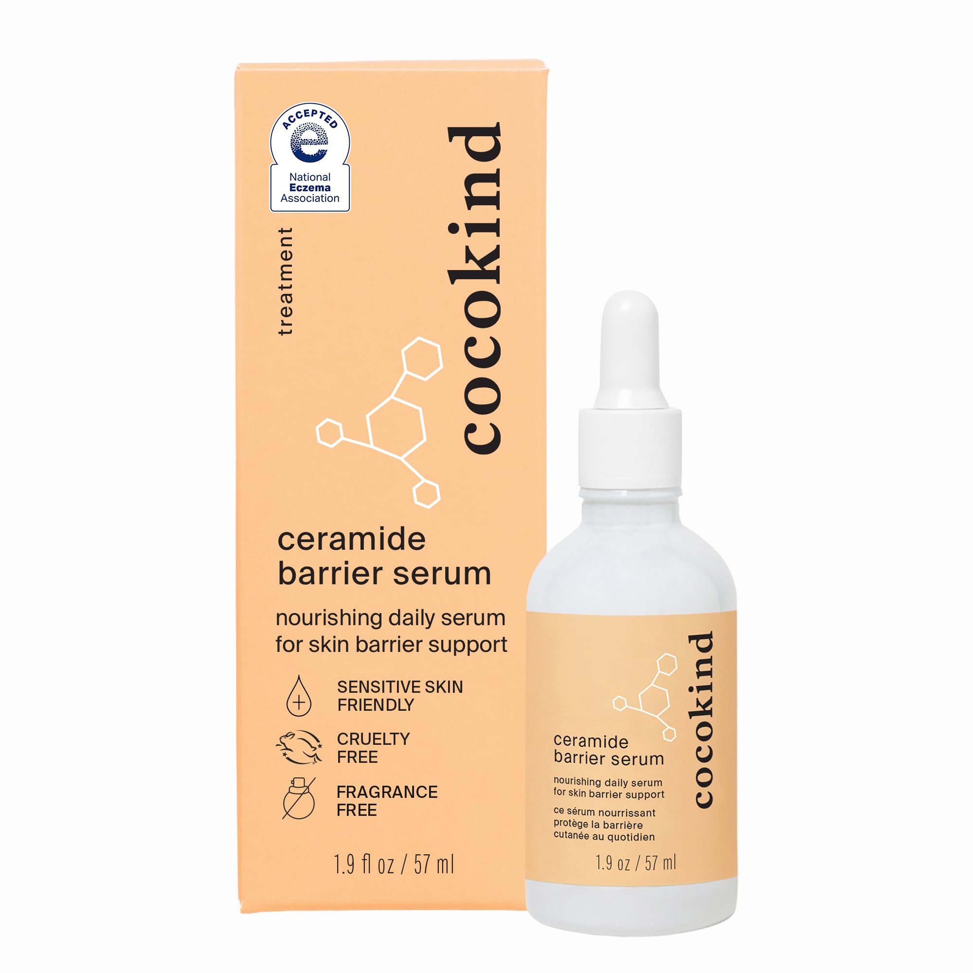 Cocokind Ceramide Barrier Serum bottle on vanity, promoting long-lasting hydration.