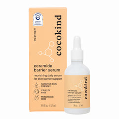 Cocokind Ceramide Barrier Serum bottle on vanity, promoting long-lasting hydration.