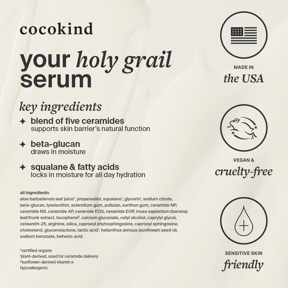 Cocokind Ceramide Barrier Serum box shows vegan and dermatologist-tested badges for safe skincare.