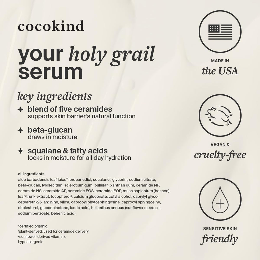 Cocokind Ceramide Barrier Serum box shows vegan and dermatologist-tested badges for safe skincare.