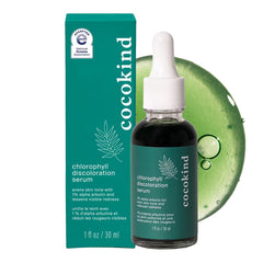 Cocokind Chlorophyll Discoloration Serum bottle and dropper for spot targeting and even tone