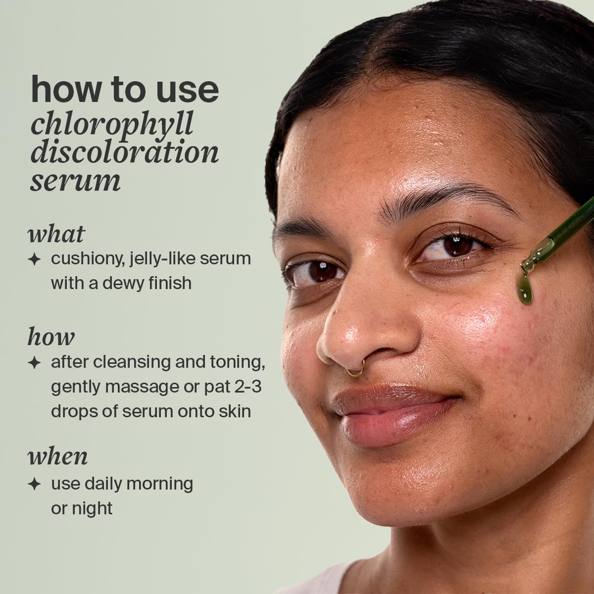 Cocokind Chlorophyll Discoloration Serum swatch showing improved tone over time