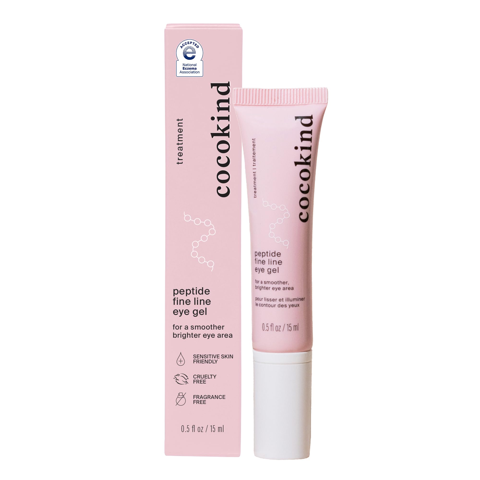 Cocokind Peptide Eye Gel tube close-up showing smooth hydration for delicate eye skin