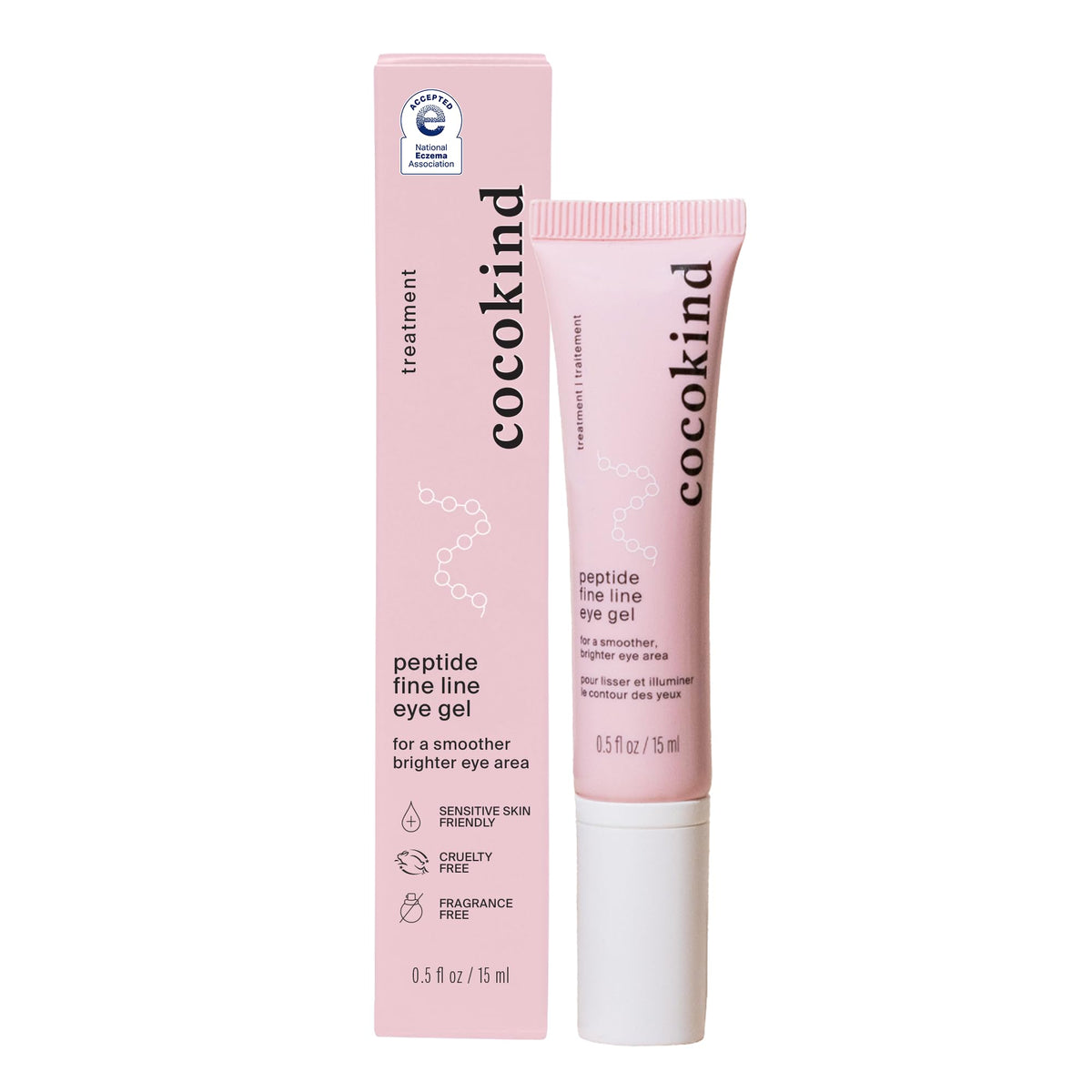 Cocokind Peptide Eye Gel tube close-up showing smooth hydration for delicate eye skin