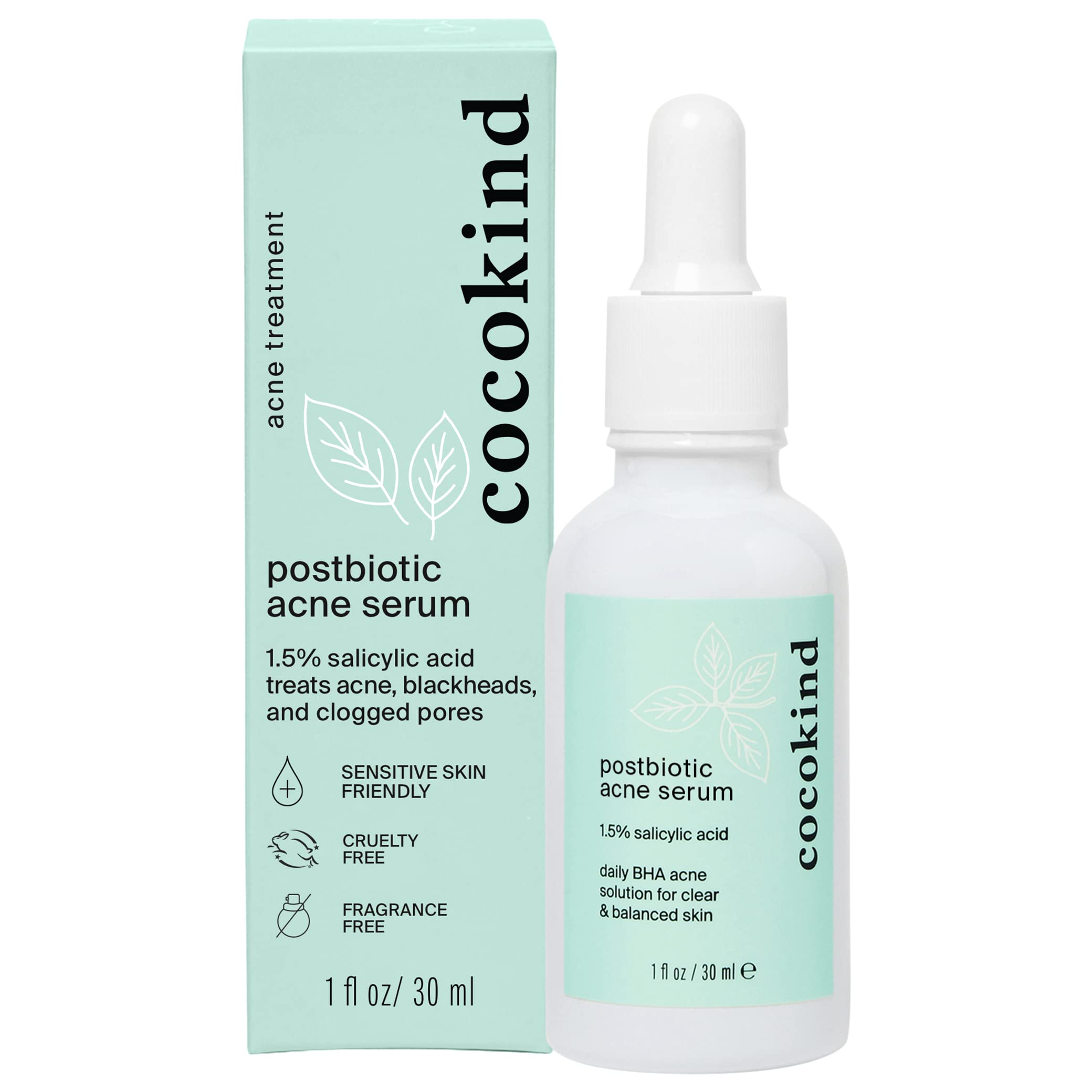 Cocokind Postbiotic Acne Serum bottle highlighting soothing formula for clearer pores.