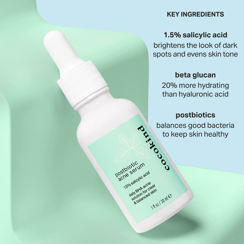 Close-up of ingredients highlighting postbiotics and salicylic acid supporting pore clarity.