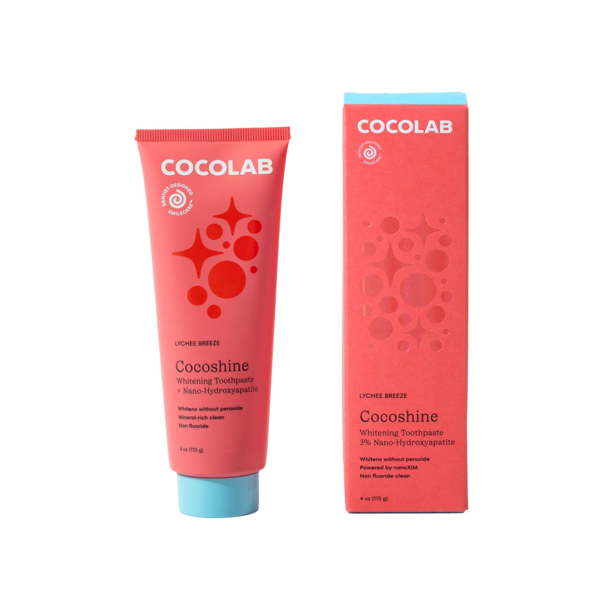 Cocolab Cocoshine lychee breeze toothpaste tube for gentle whitening.