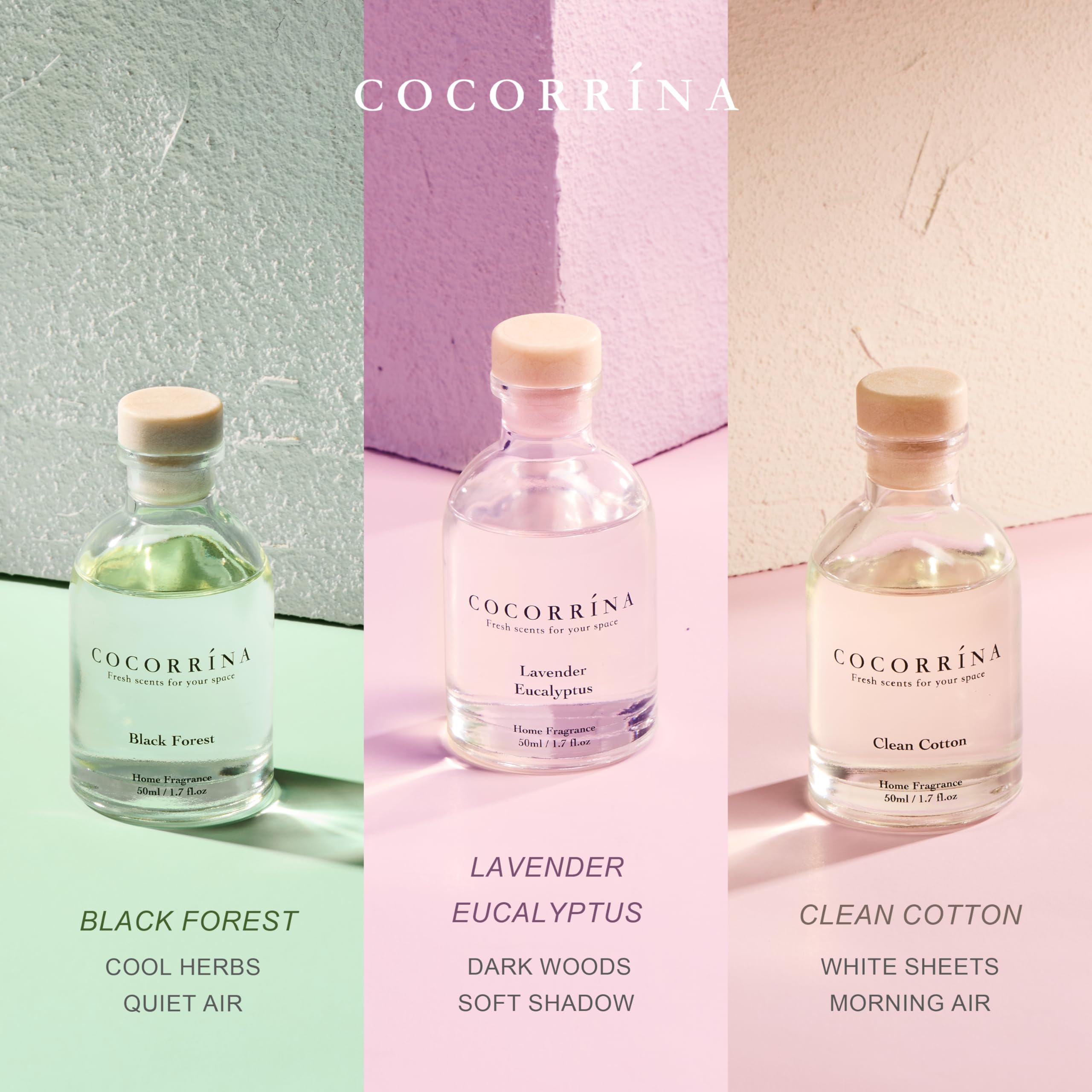 COCORRÍNA Clean Cotton diffuser bottle delivers airy floral freshness for any room.