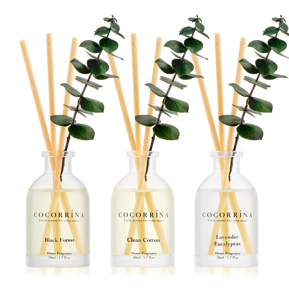COCORRÍNA Lavender Eucalyptus diffuser bottle emits calming aroma for home spaces.