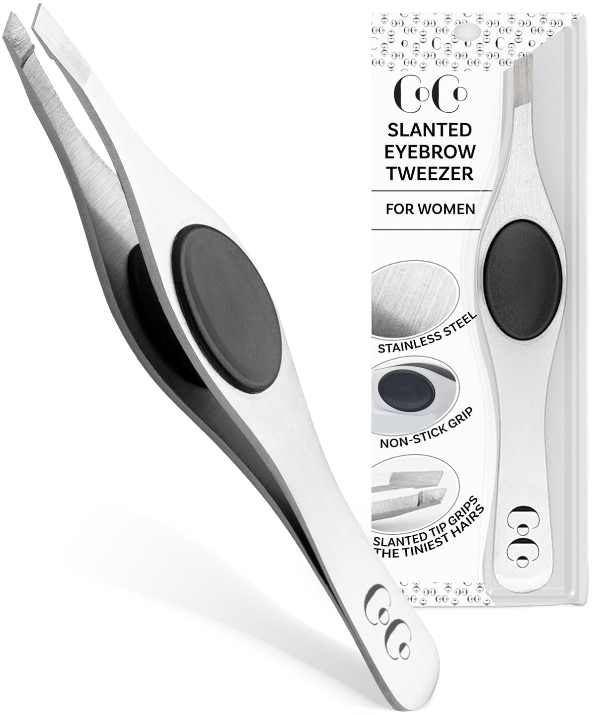 Coco's Closet slanted tweezers tip closeup for precise eyebrow shaping.