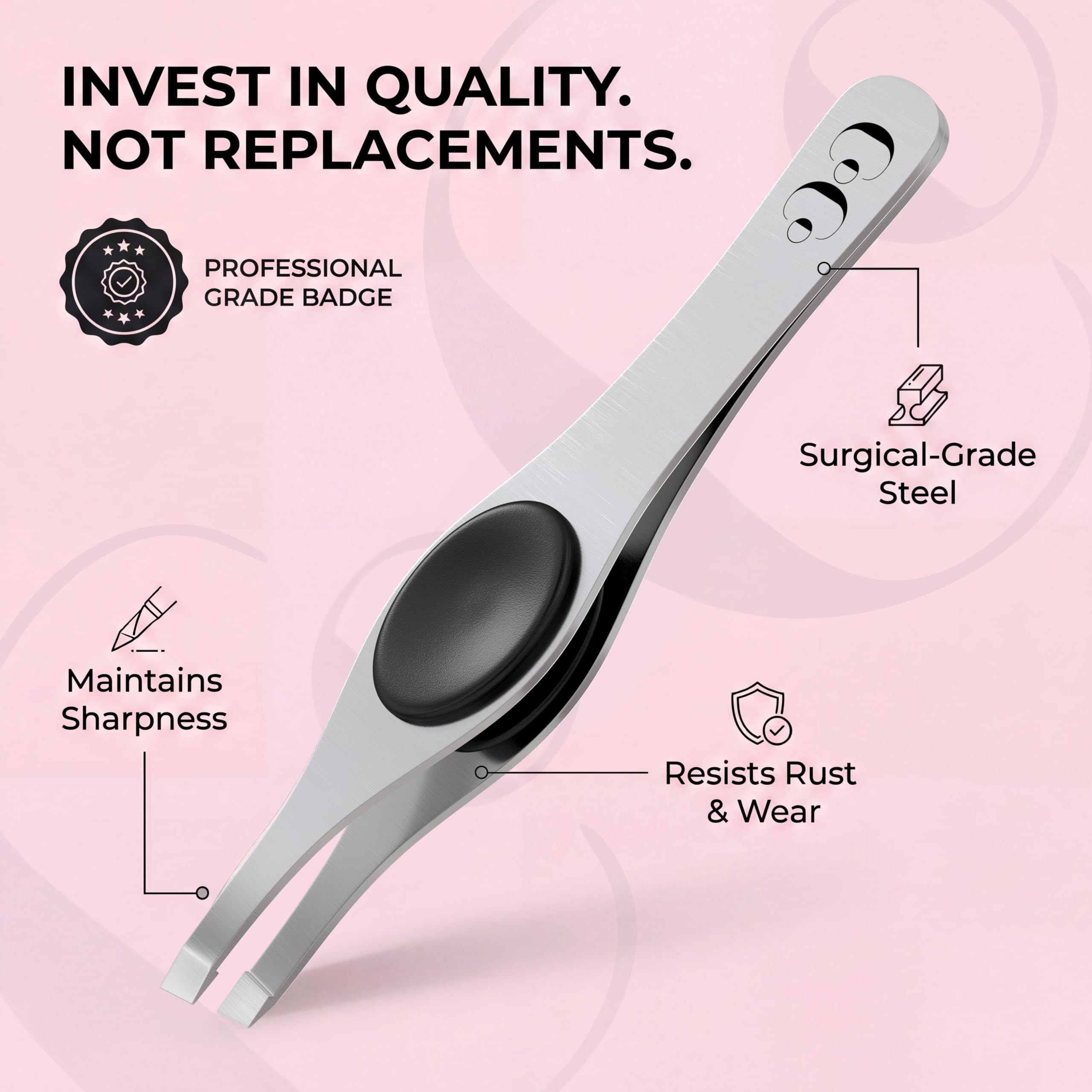 Coco's Closet surgical-grade stainless steel tweezers for lasting sharpness.