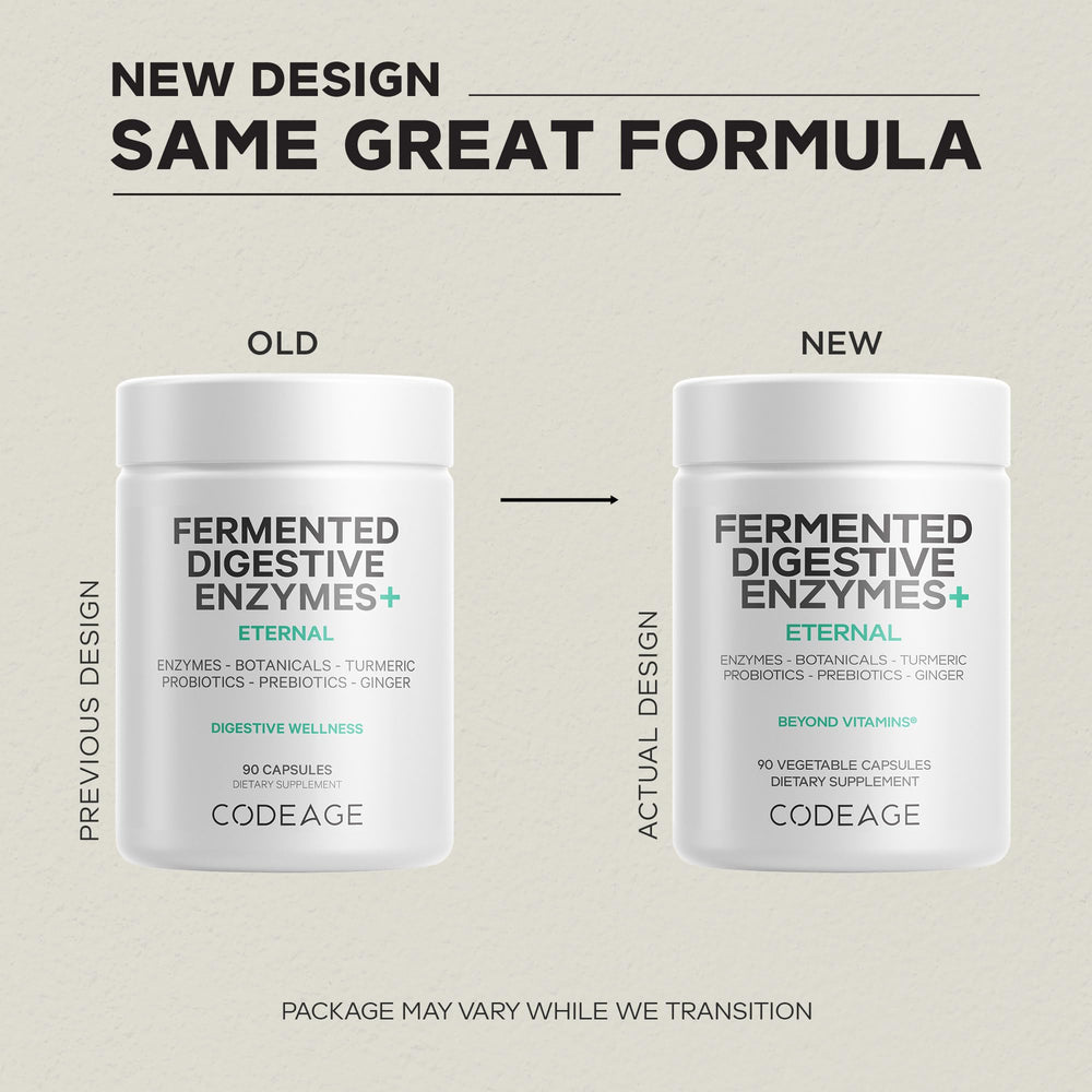Codeage Fermented Digestive Enzymes label states 14 enzymes for a comprehensive enzyme blend.