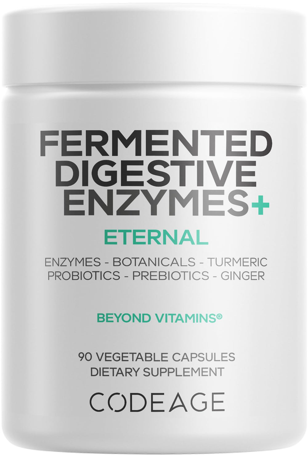 Codeage Fermented Digestive Enzymes bottle highlights 90 servings for three months and digestive support.