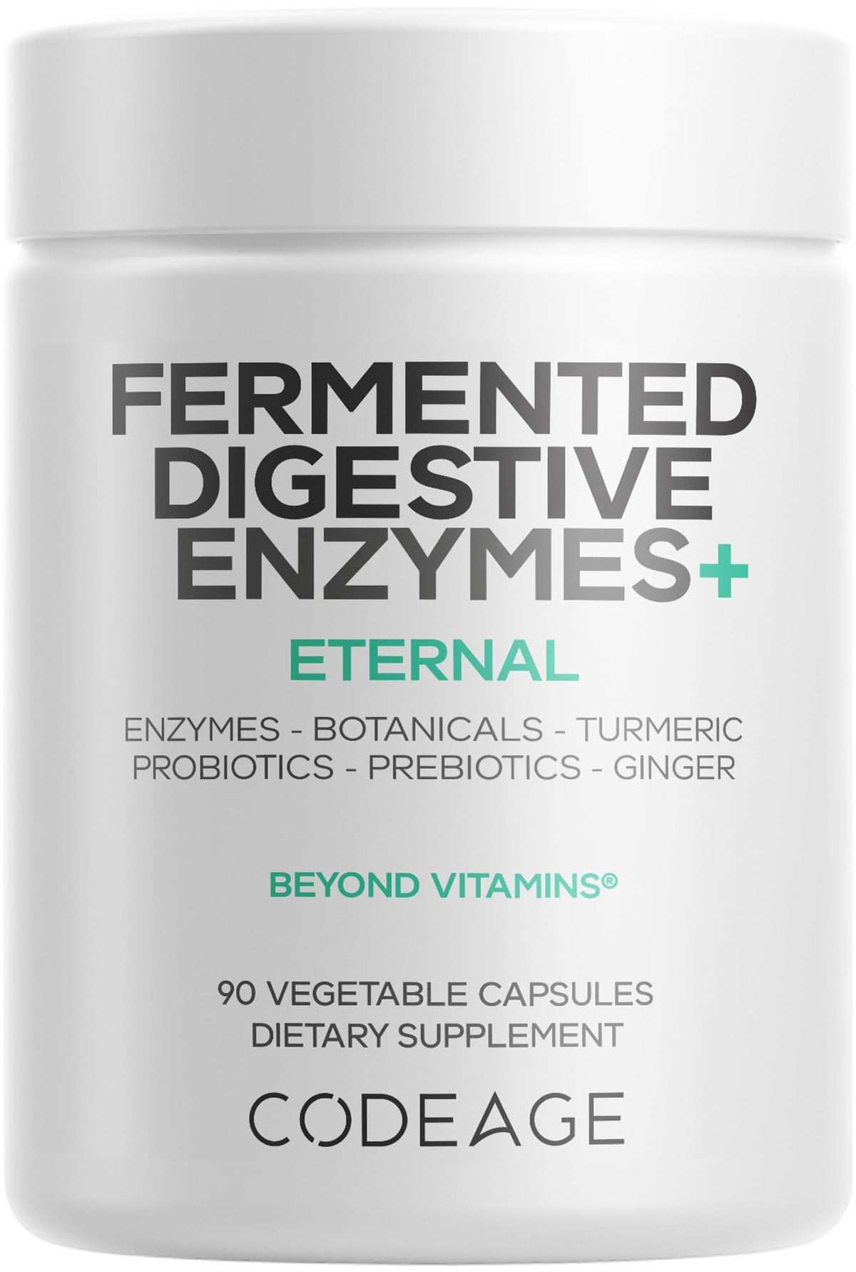 Codeage Fermented Digestive Enzymes bottle highlights 90 servings for three months and digestive support.