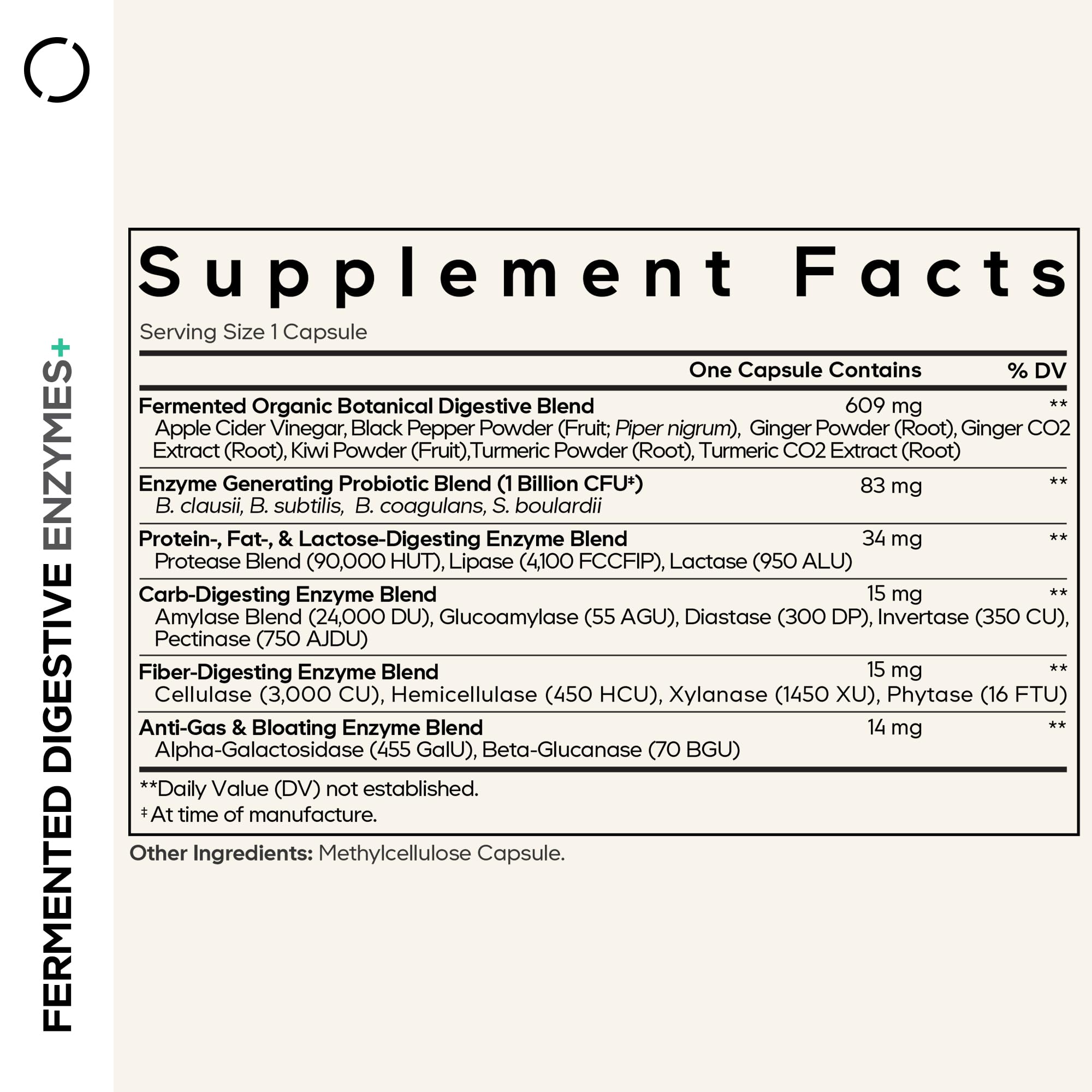 Codeage Fermented Digestive Enzymes capsule close-up shows vegan capsules for daily enzyme support.