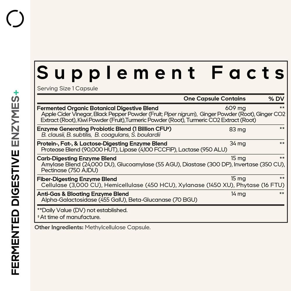 Codeage Fermented Digestive Enzymes capsule close-up shows vegan capsules for daily enzyme support.