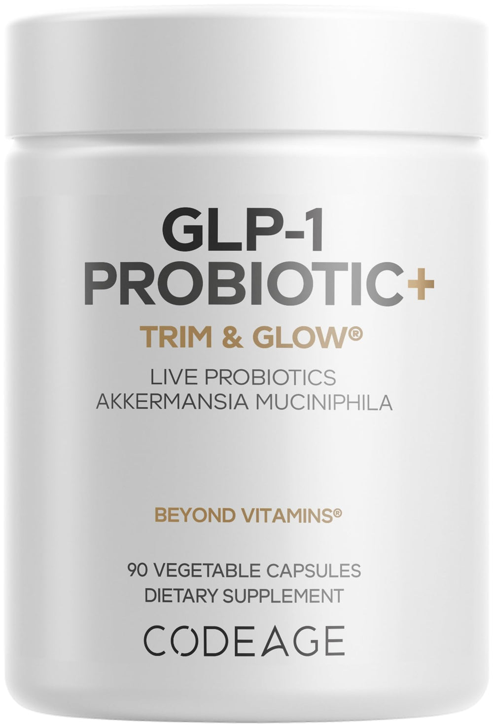Codeage GLP-1 Probiotic+ bottle front view, vegan formula supporting gut balance