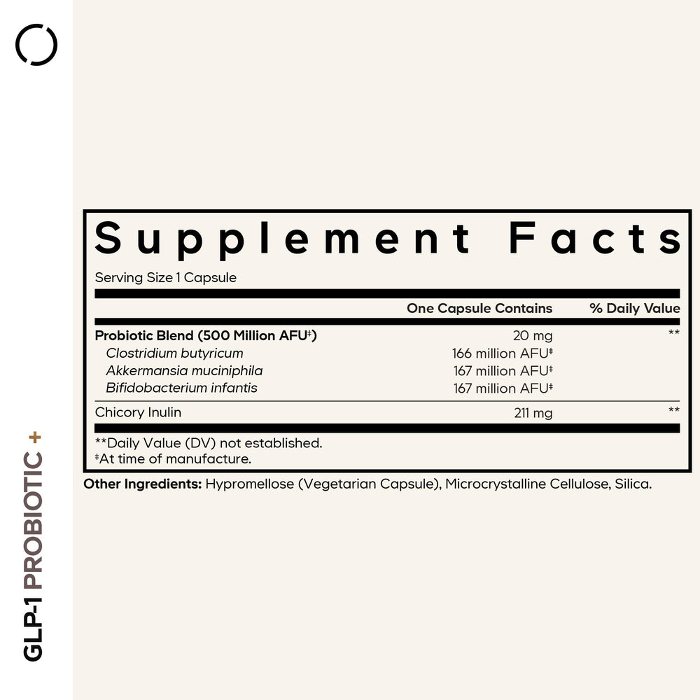 Codeage GLP-1 Probiotic+ capsules close-up, 90 capsules for a three-month supply