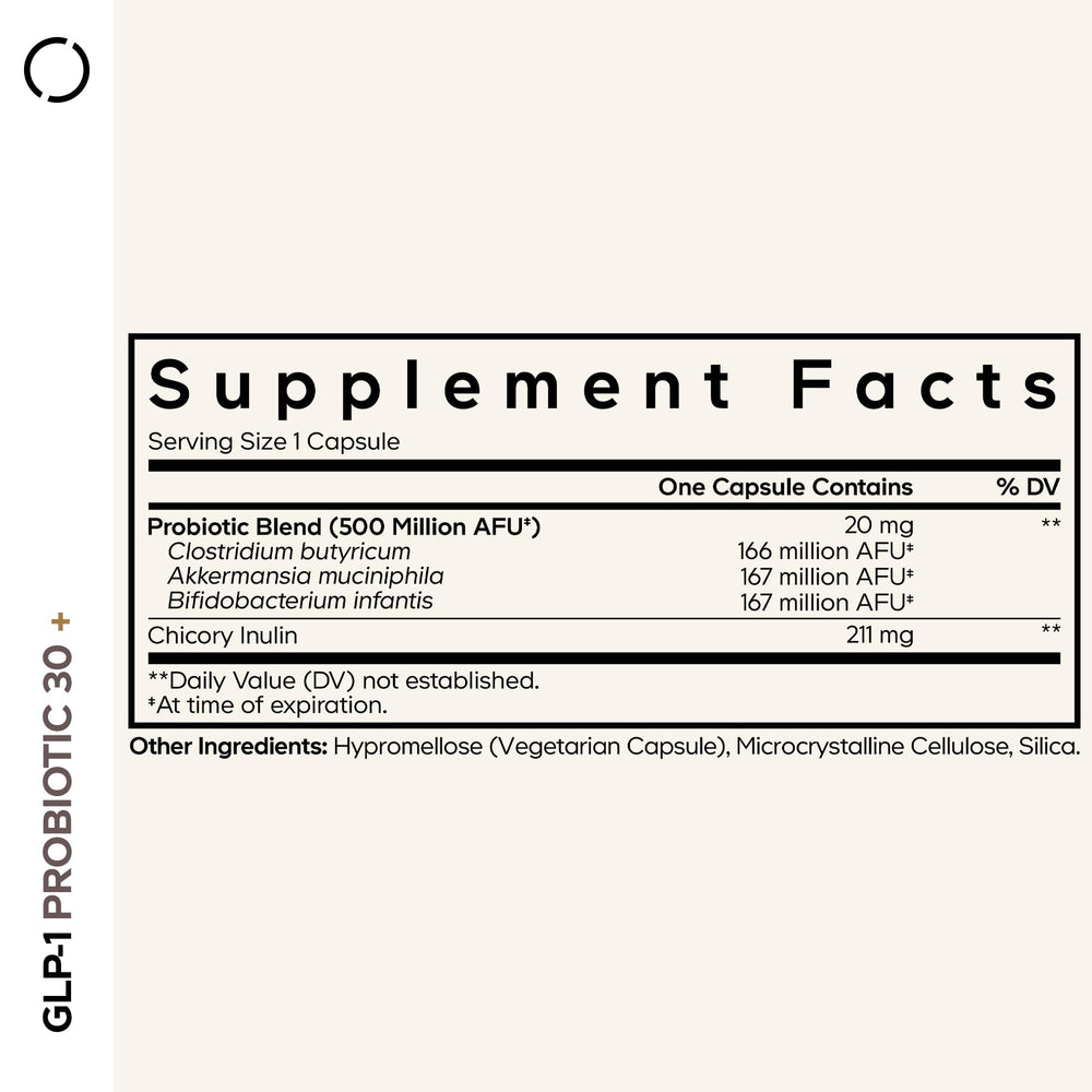 Codeage GLP-1 Probiotic+ capsules on white showing vegan, gluten-free formula