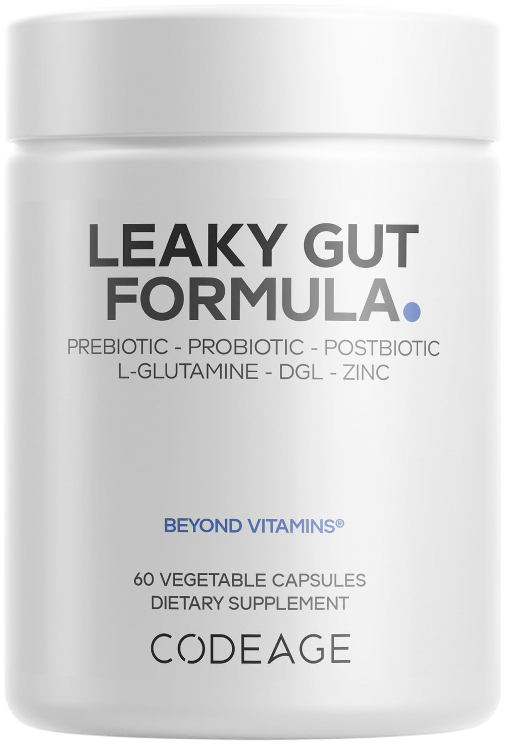 Codeage Leaky Gut Supplement bottle front view for daily gut wellness.