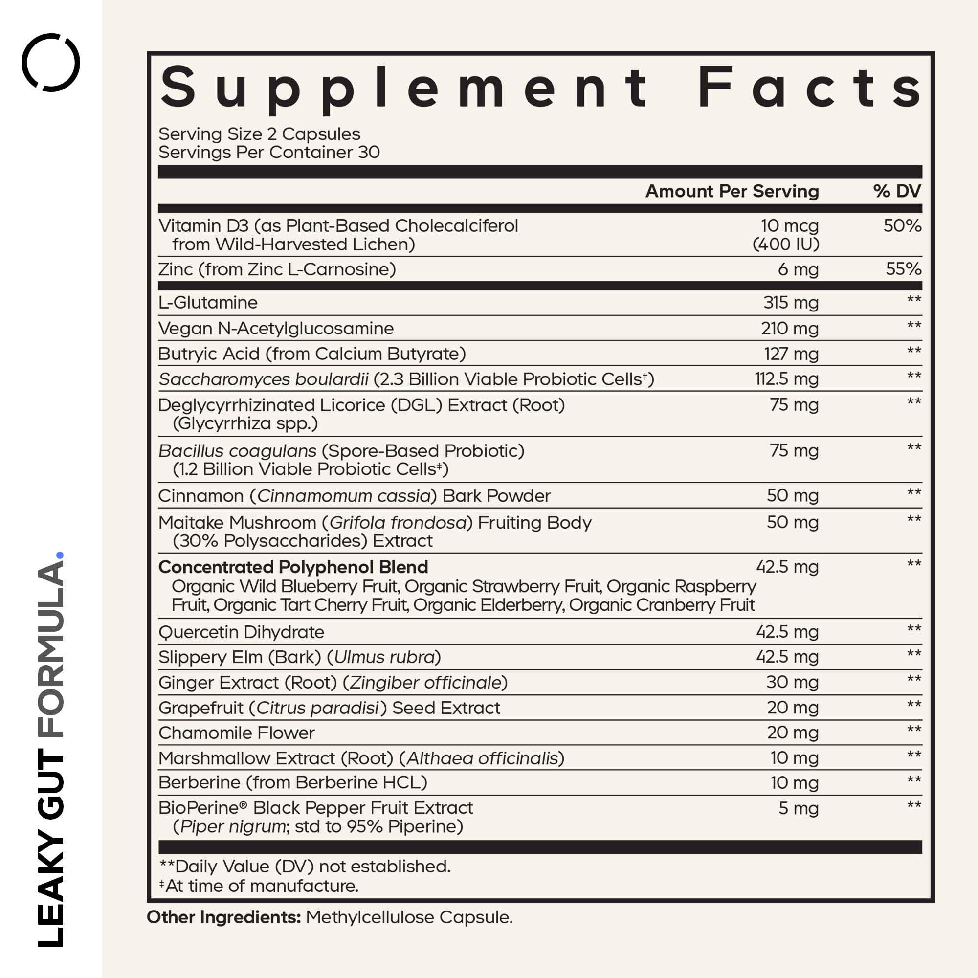 Codeage Leaky Gut Supplement label close-up showing vegan and non-GMO claim.