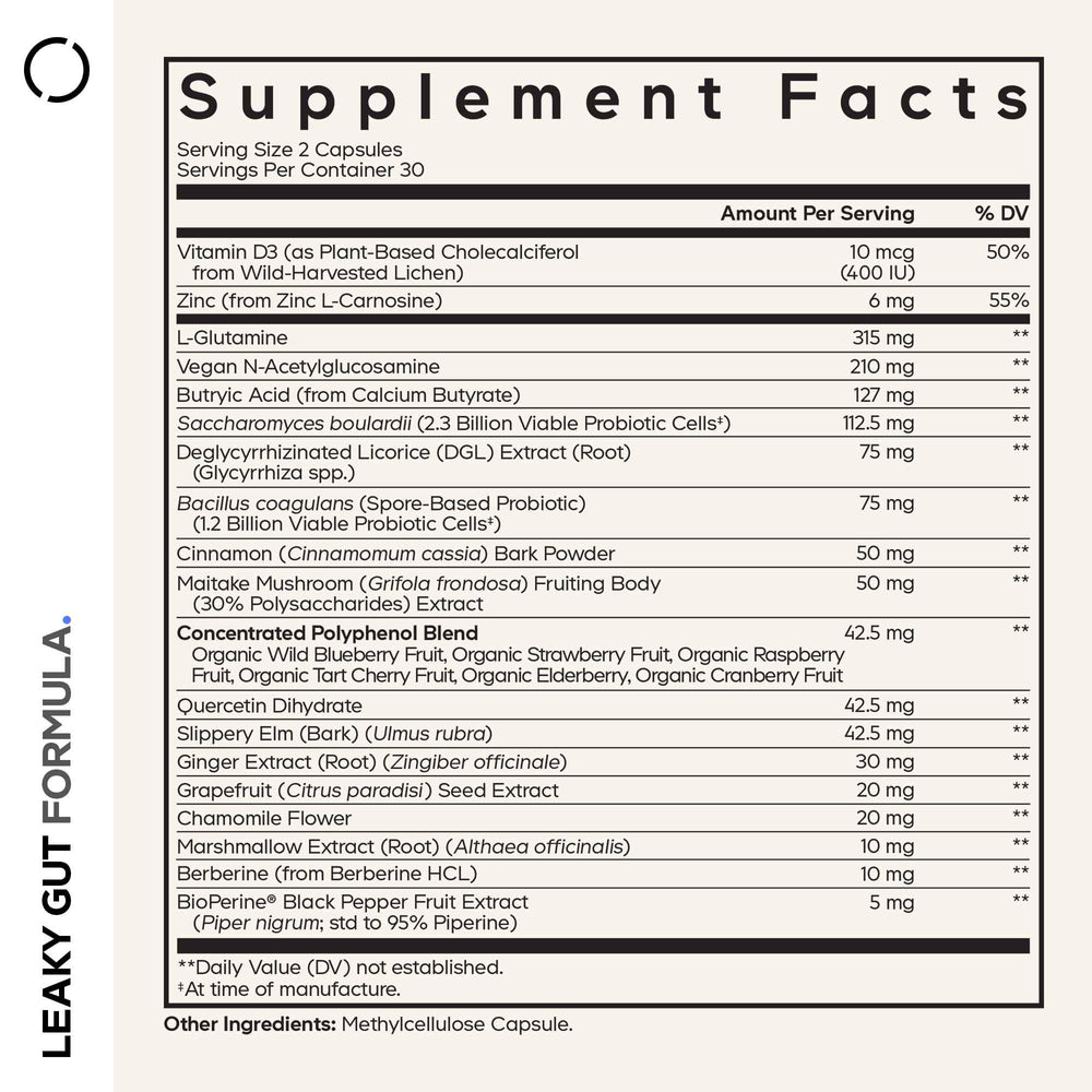 Codeage Leaky Gut Supplement label close-up showing vegan and non-GMO claim.