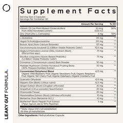 Codeage Leaky Gut Supplement label close-up showing vegan and non-GMO claim.
