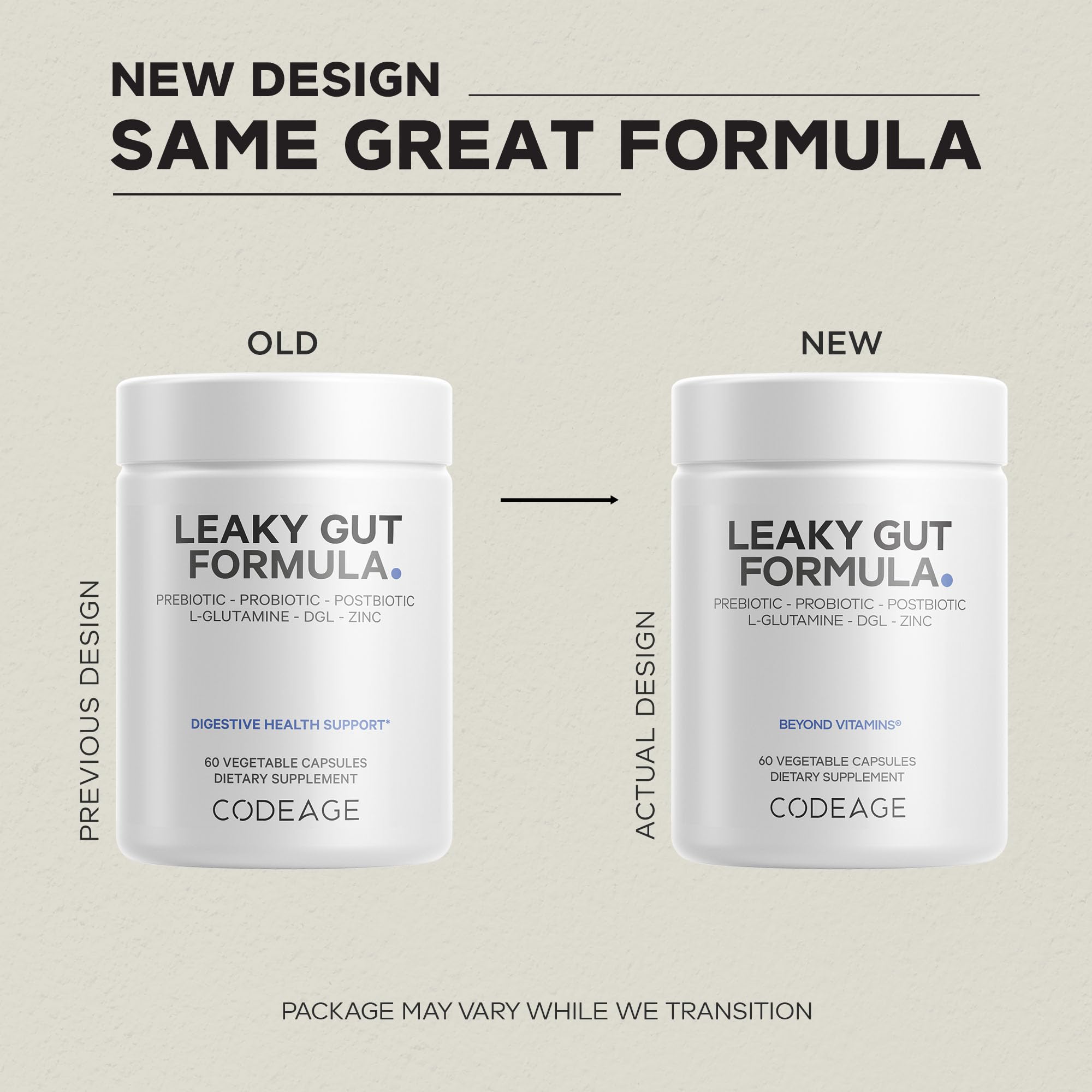 Close-up of Codeage Leaky Gut ingredients list highlighting L-Glutamine and probiotics.