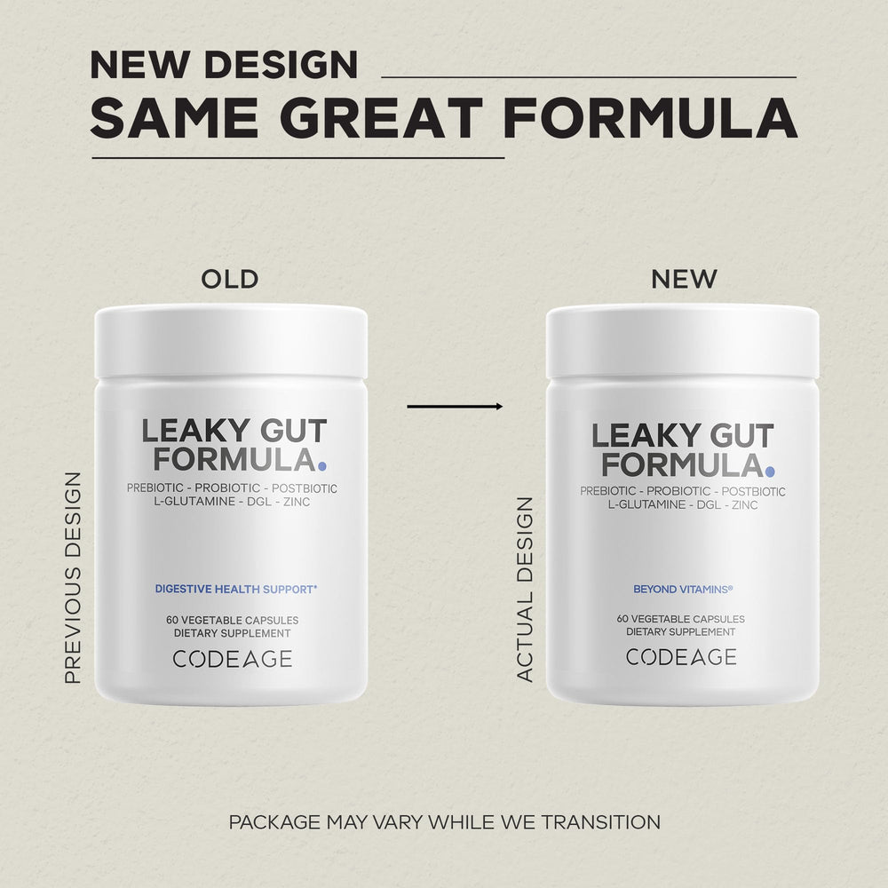 Close-up of Codeage Leaky Gut ingredients list highlighting L-Glutamine and probiotics.