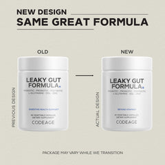 Close-up of Codeage Leaky Gut ingredients list highlighting L-Glutamine and probiotics.