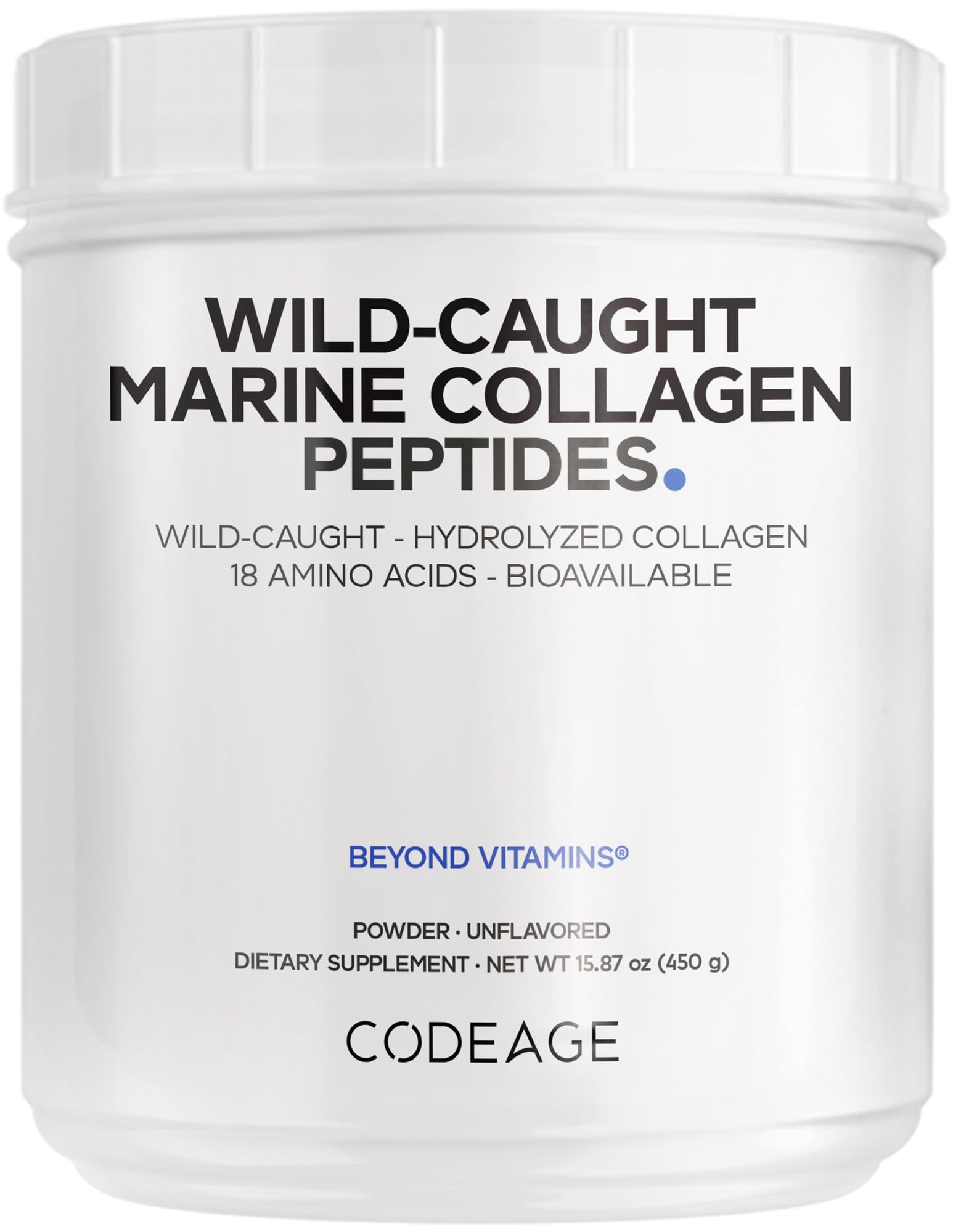 Codeage Marine Collagen powder tub front shows premium Type 1 and 3 collagen for skin support.