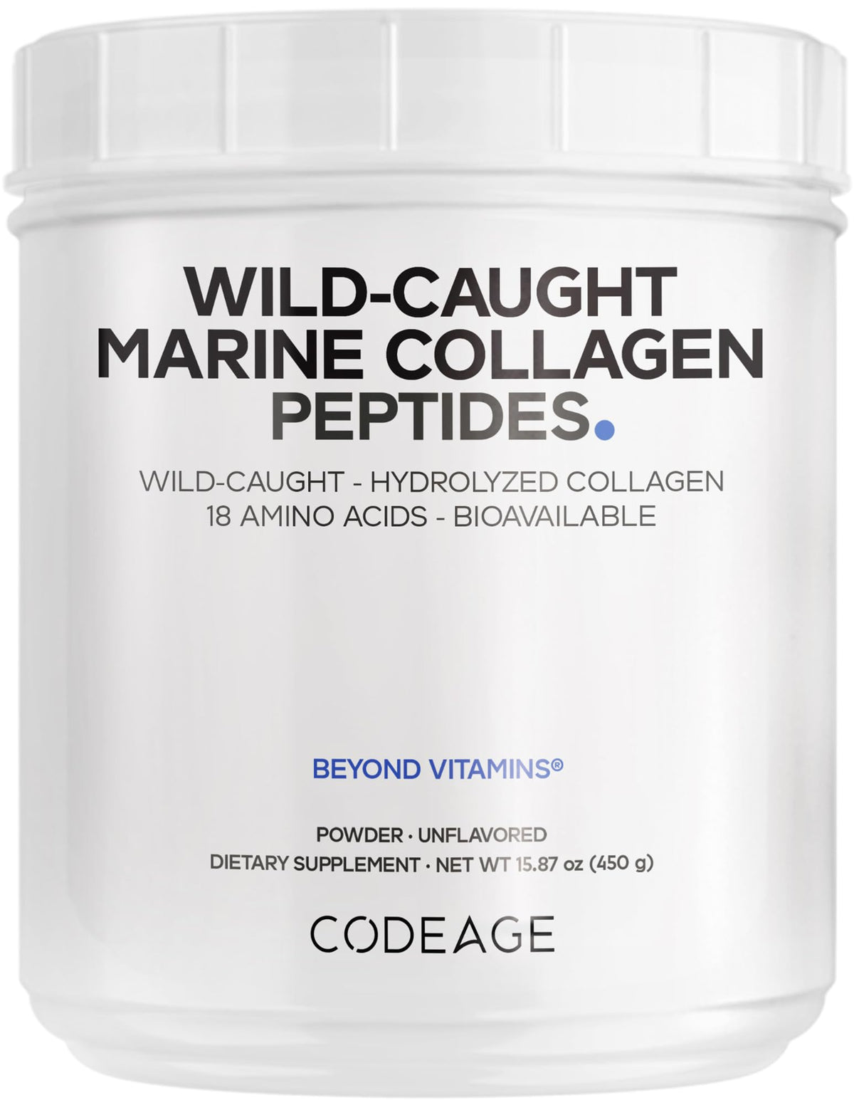 Codeage Marine Collagen powder tub front shows premium Type 1 and 3 collagen for skin support.