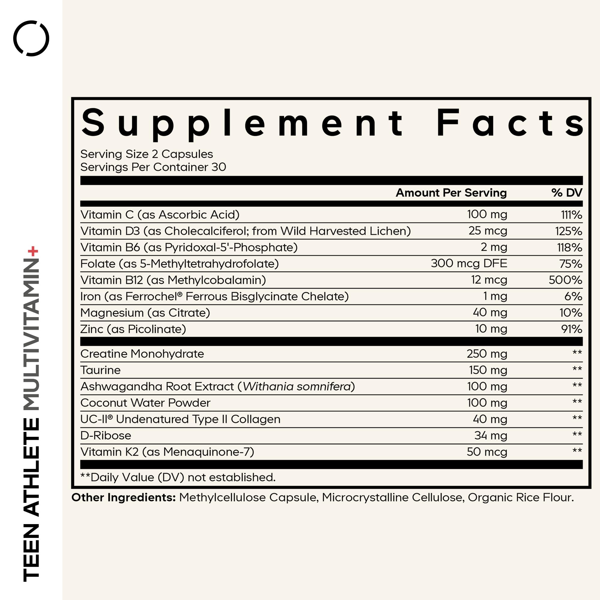 Codeage Teen Athlete Multivitamin+ bottle back shows ingredients and usage guidance.