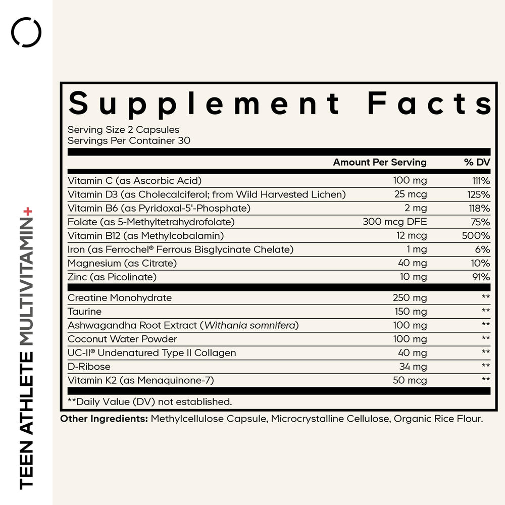 Codeage Teen Athlete Multivitamin+ bottle back shows ingredients and usage guidance.