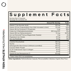 Codeage Teen Athlete Multivitamin+ bottle back shows ingredients and usage guidance.