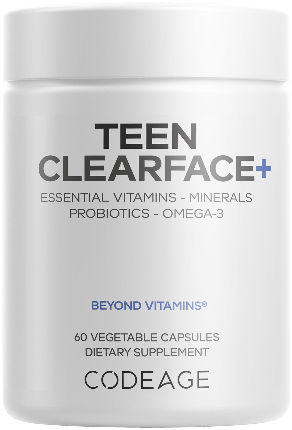 Codeage Teen Clearface bottle front showing teen skin vitamin blend for clearer skin