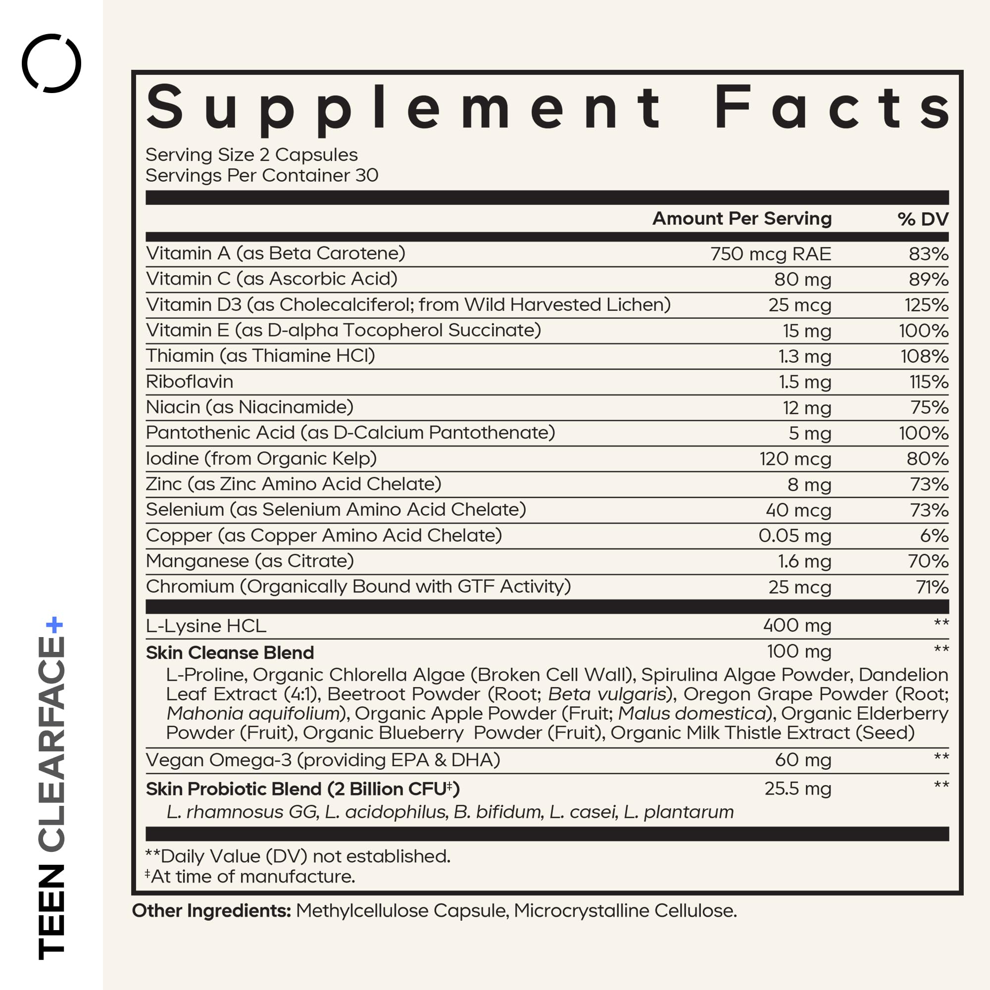 Codeage Teen Clearface capsules close-up detailing zinc and omega-3 for healthy teen skin