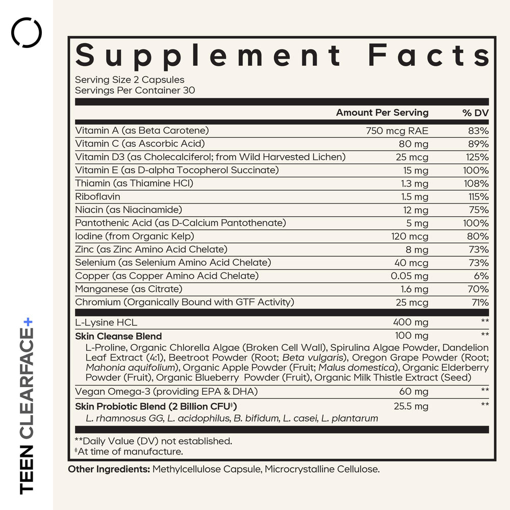 Codeage Teen Clearface capsules close-up detailing zinc and omega-3 for healthy teen skin