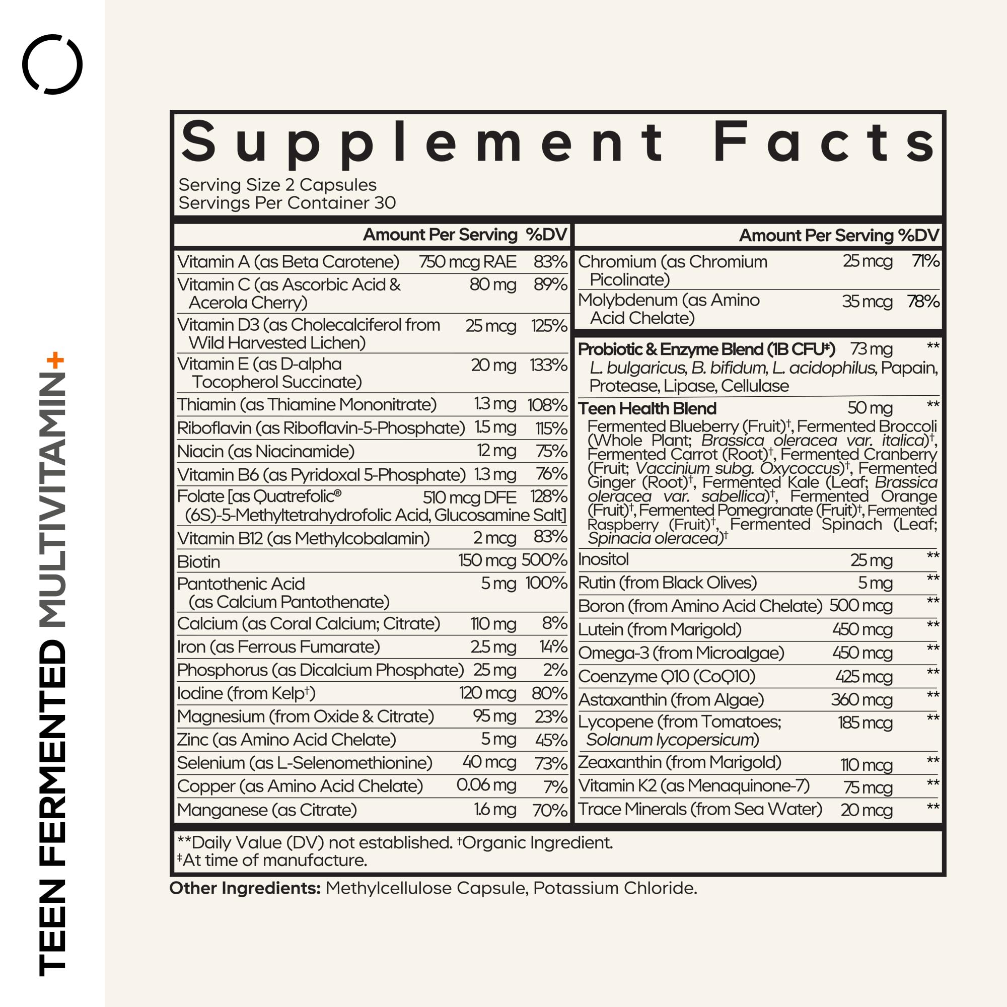Codeage Teen Multivitamin bottle back label informs nutrition details.