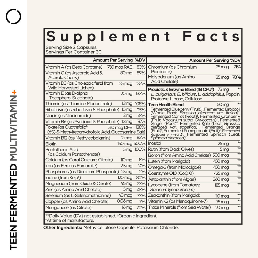 Codeage Teen Multivitamin cap closeup showing smooth capsules for easy daily intake