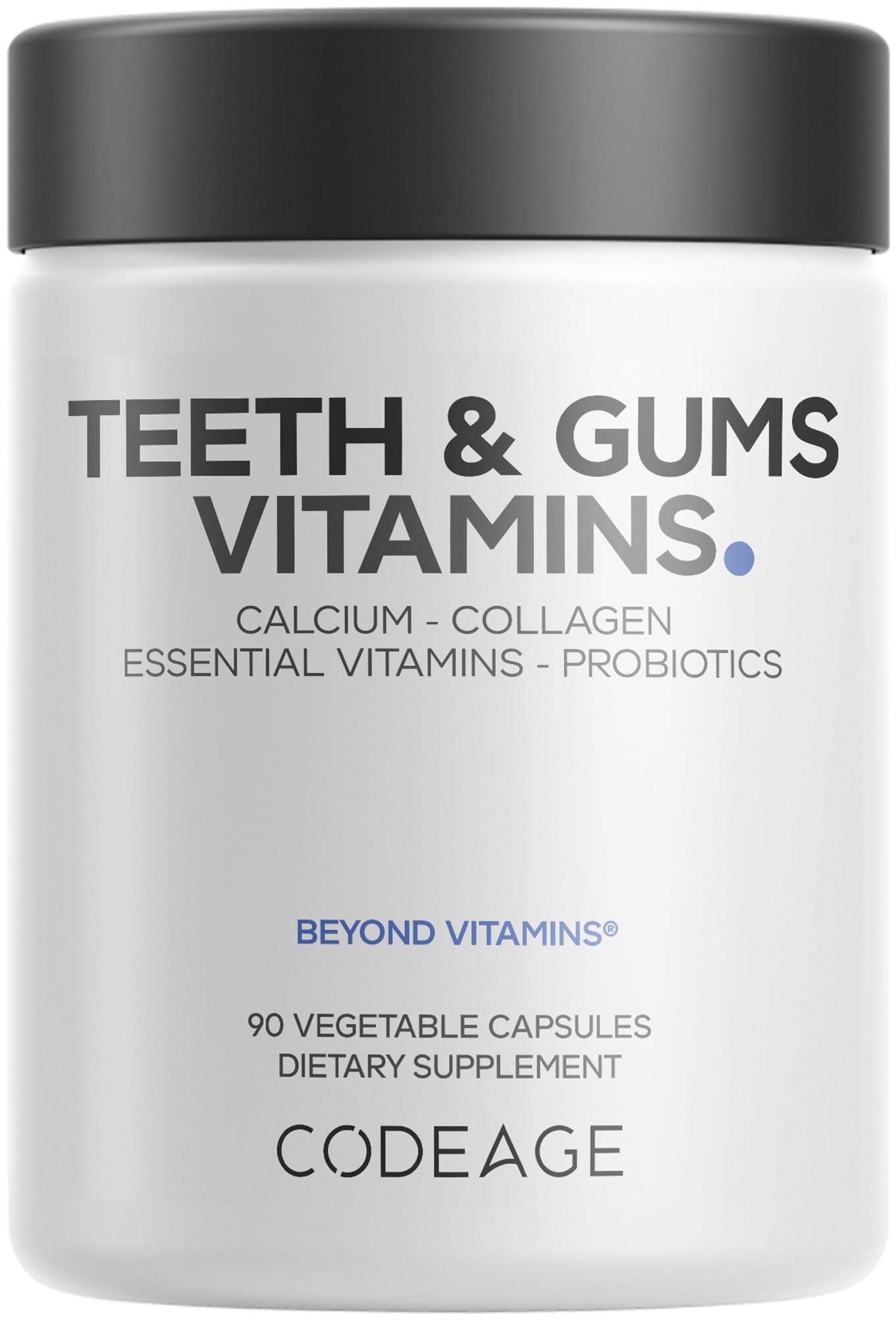 Codeage Teeth & Gums bottle label shows a comprehensive daily oral care formula.