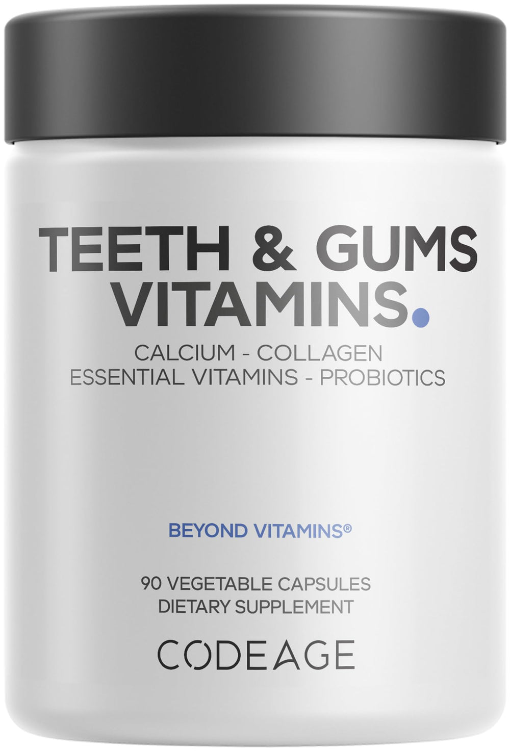 Codeage Teeth & Gums bottle label shows a comprehensive daily oral care formula.