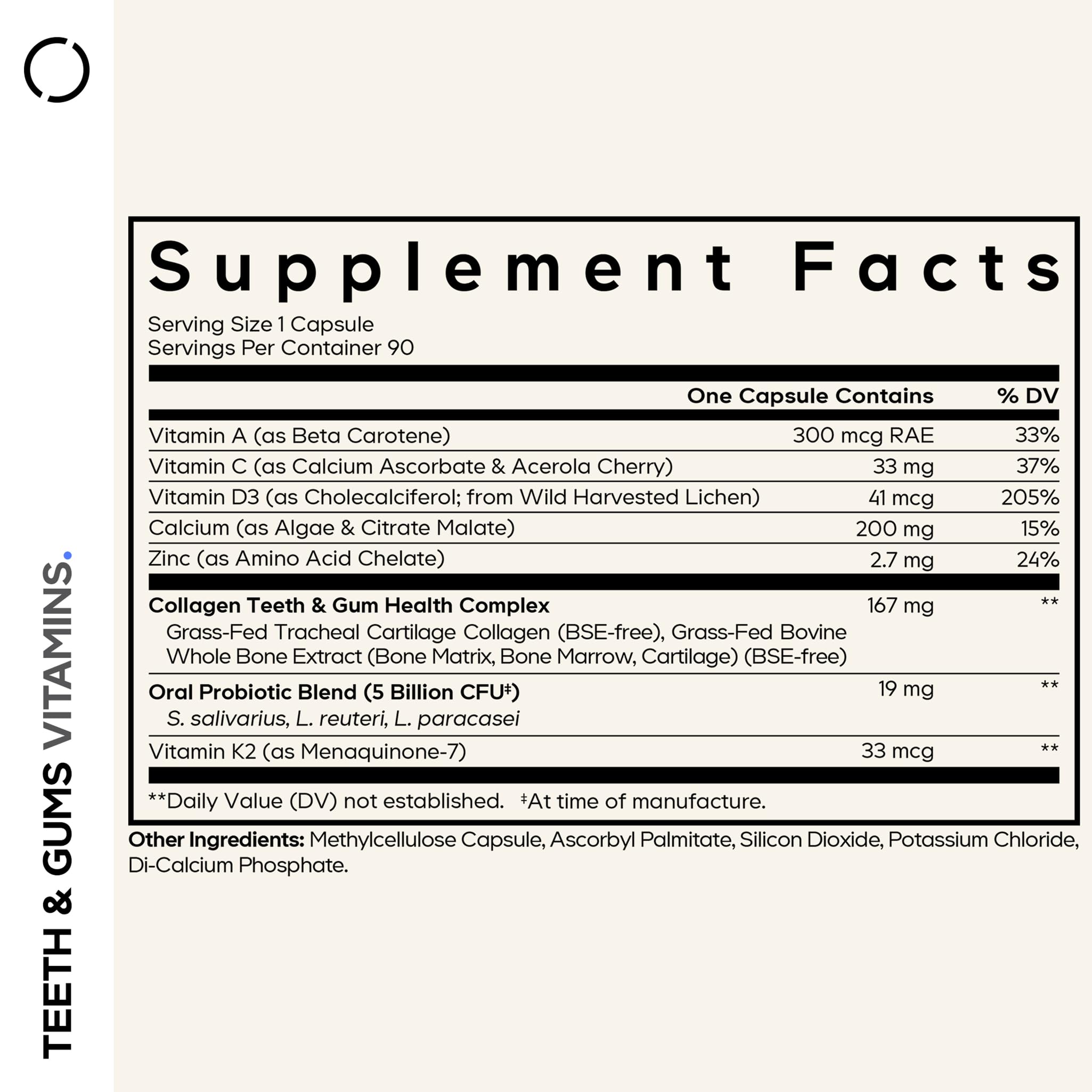 Codeage Teeth & Gums capsules closeup highlights calcium citrate malate and algae calcium.