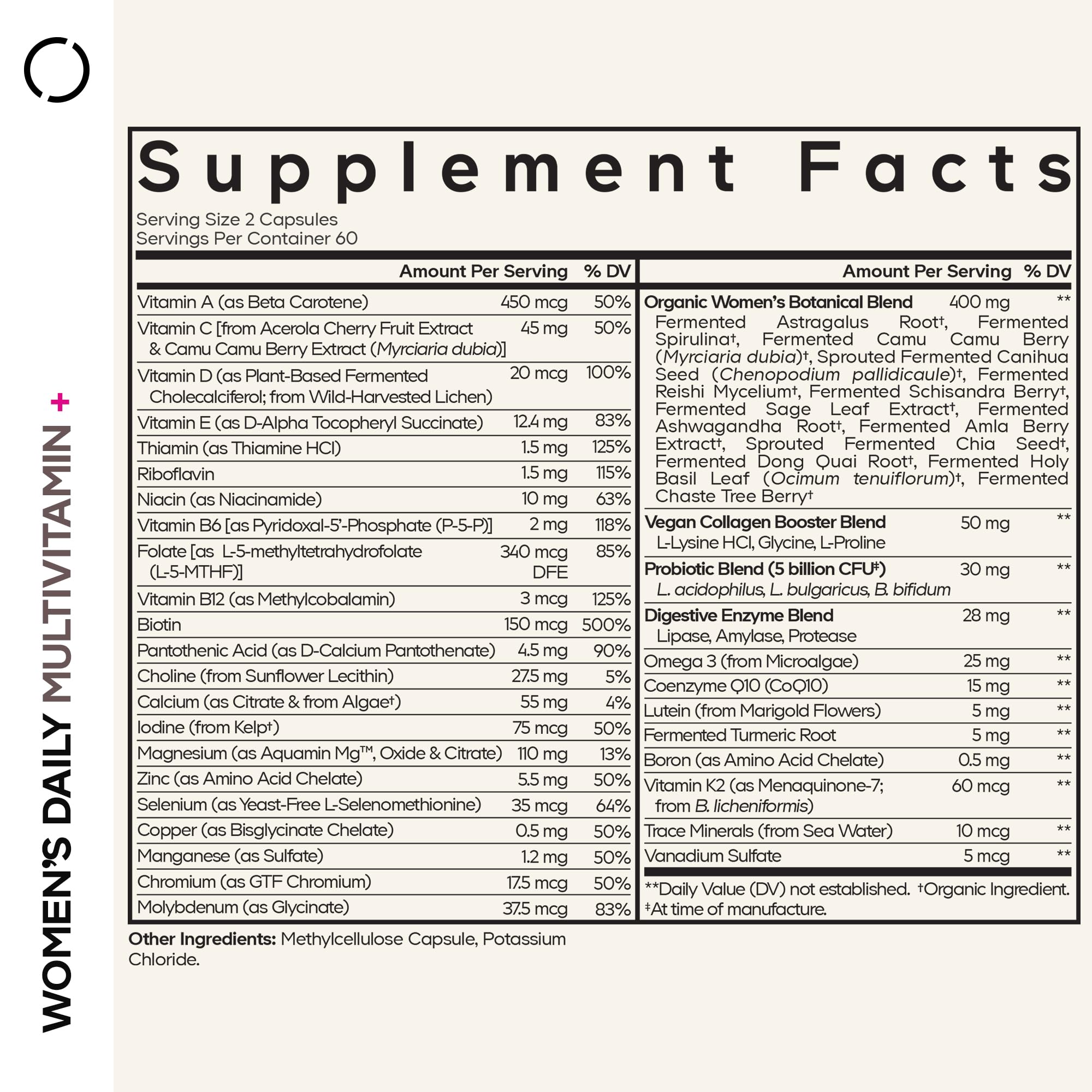 Codeage Women's Daily Multivitamin label close-up highlighting organic whole foods.