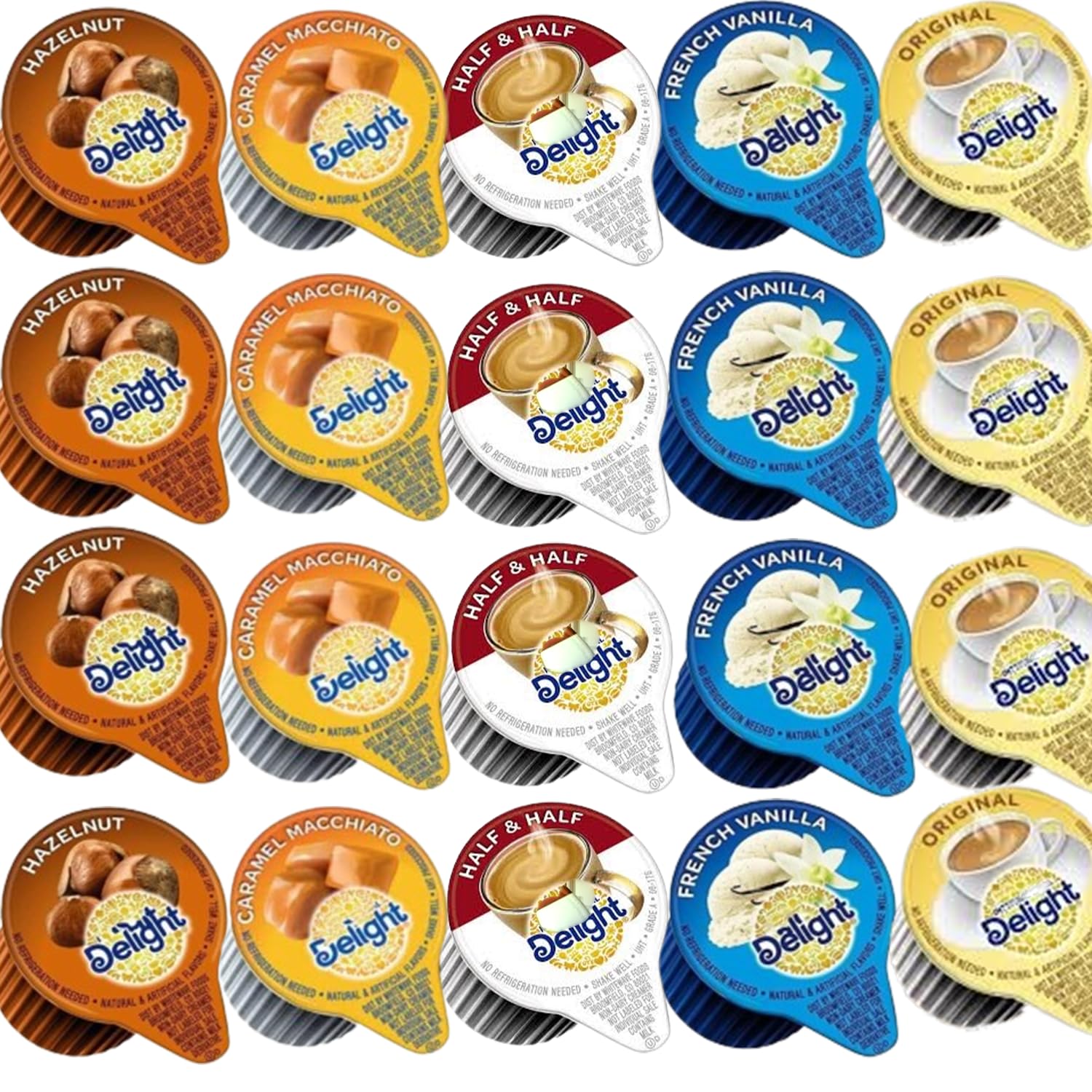 Coffee Creamer Singles Variety Pack with five flavors for convenient, mess-free coffee at home or office.