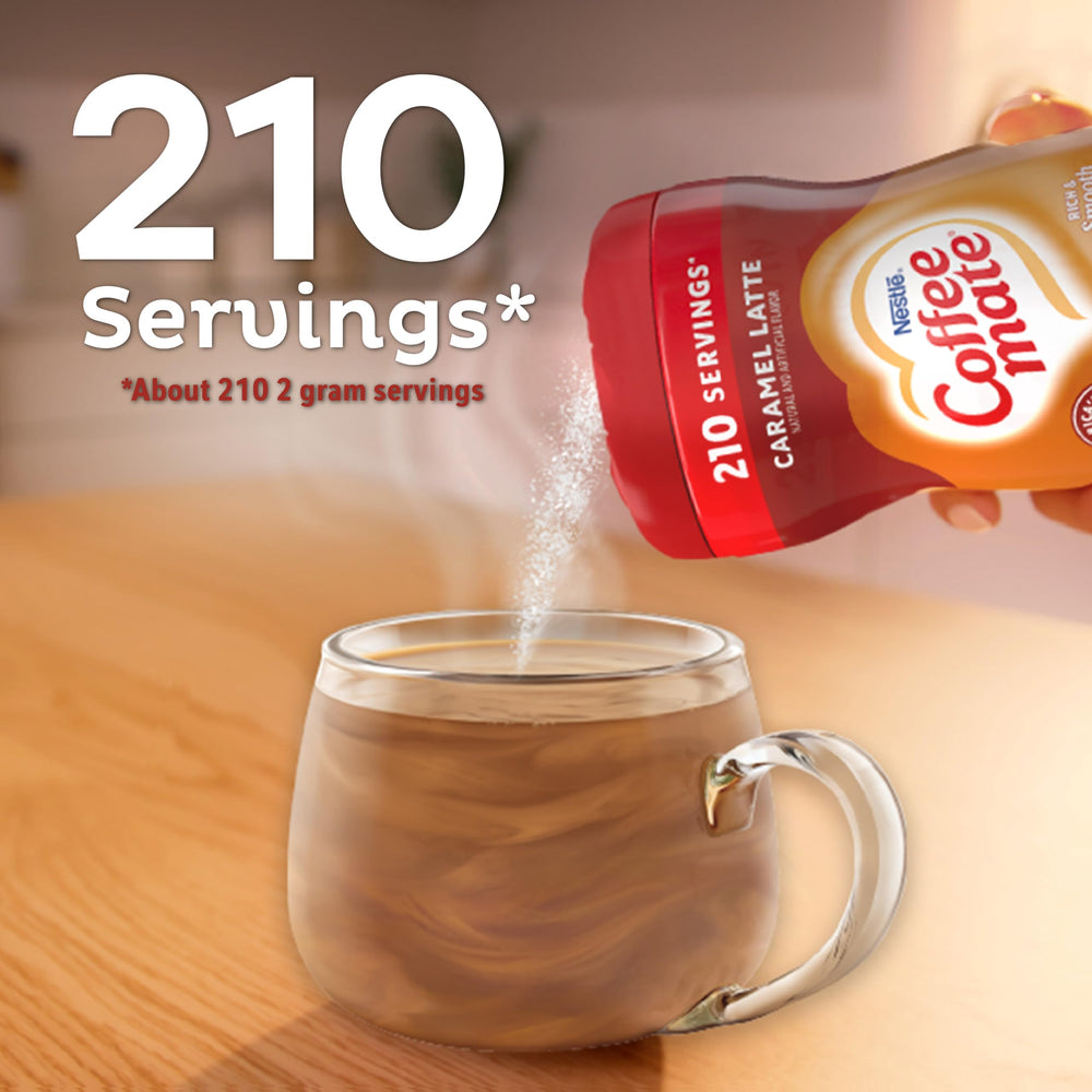 Coffee Mate Cafe Collection Caramel Macchiato poured into a cup to enhance coffee flavor.